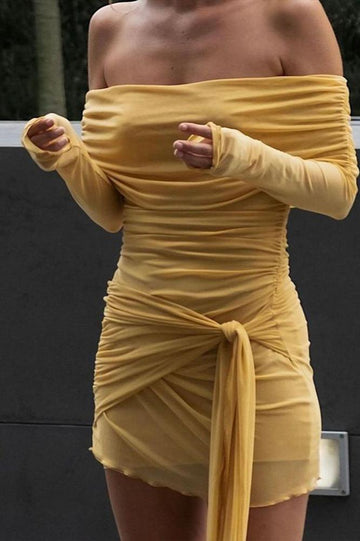 Woochic robe à manches longues tulle bustier taille haute plissée jaune S